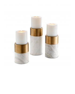 Serie de 3 portavelas Sierra de Eichholtz de mármol blanco y latón cepillado